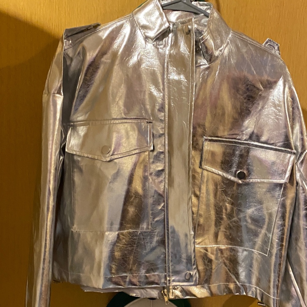 Metallic Silver Women's Leather Jacket with Front Flap Pockets
